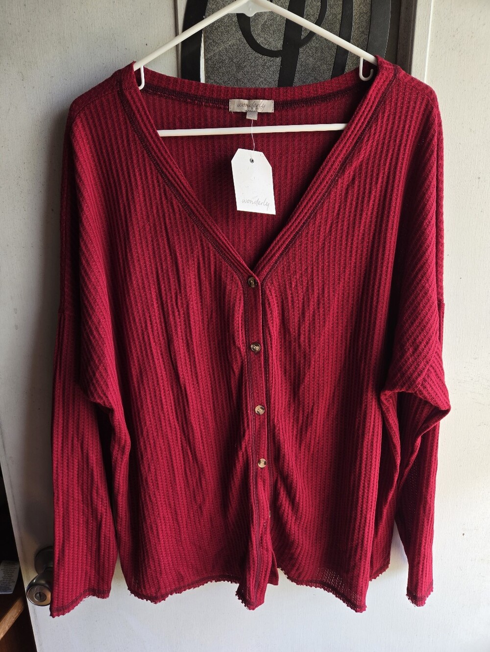 Wonderly Red Waffle-Knit Button-Front Women's Sweater NWT
